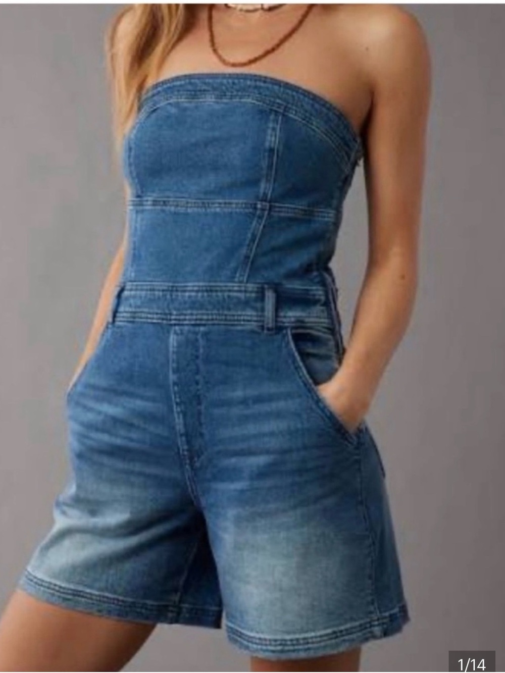 American eagle Strapless Blue Denim Romper